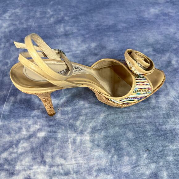 Kenneth Cole Beige Leather Woven Striped Cork Strappy Platform Heels sz 6 1/2 - Picture 4 of 8